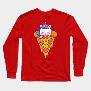 Cute Unicorn Sleeping On Pizza Cartoon Long Sleeve T-Shirt